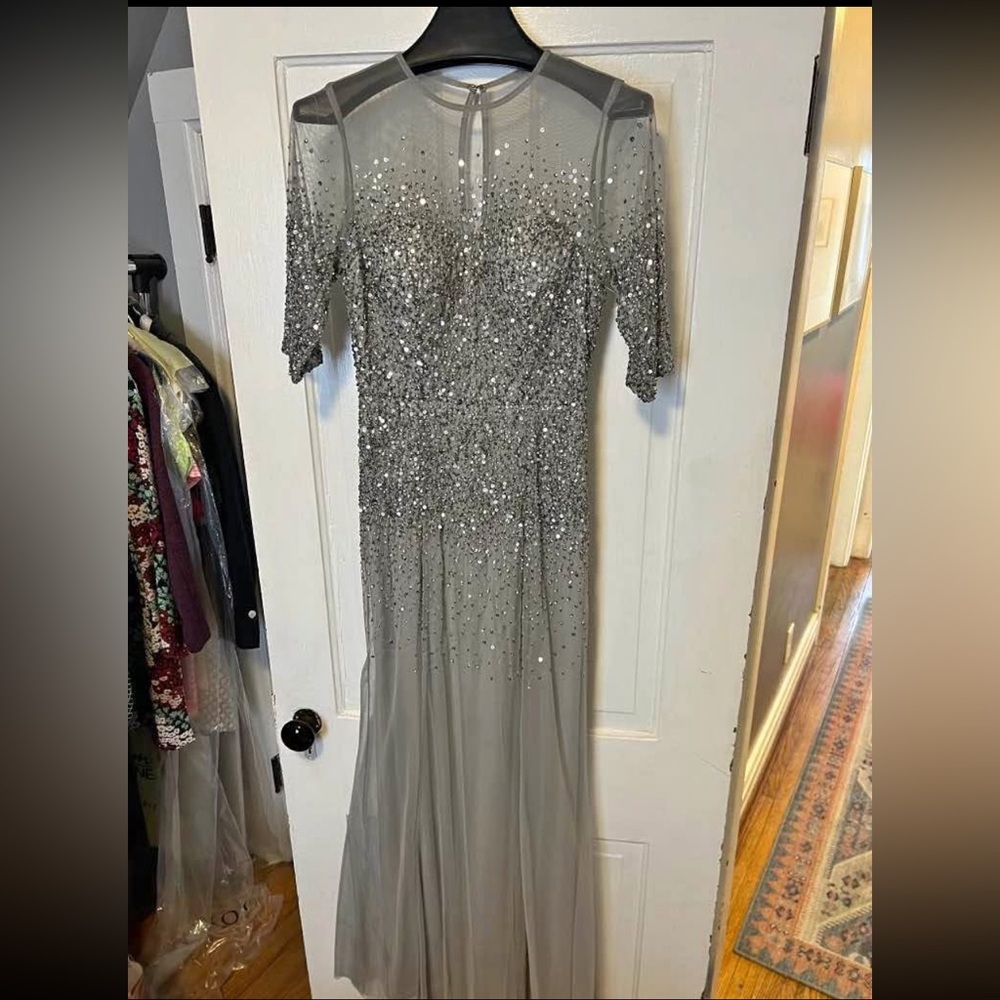 Adrianna Papell Silver Sequin Long Sleeve Evening Gown